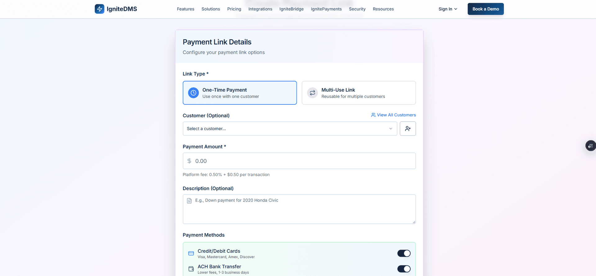 Payment Link Types - Choose between one-time or multi-use payment links with custom options