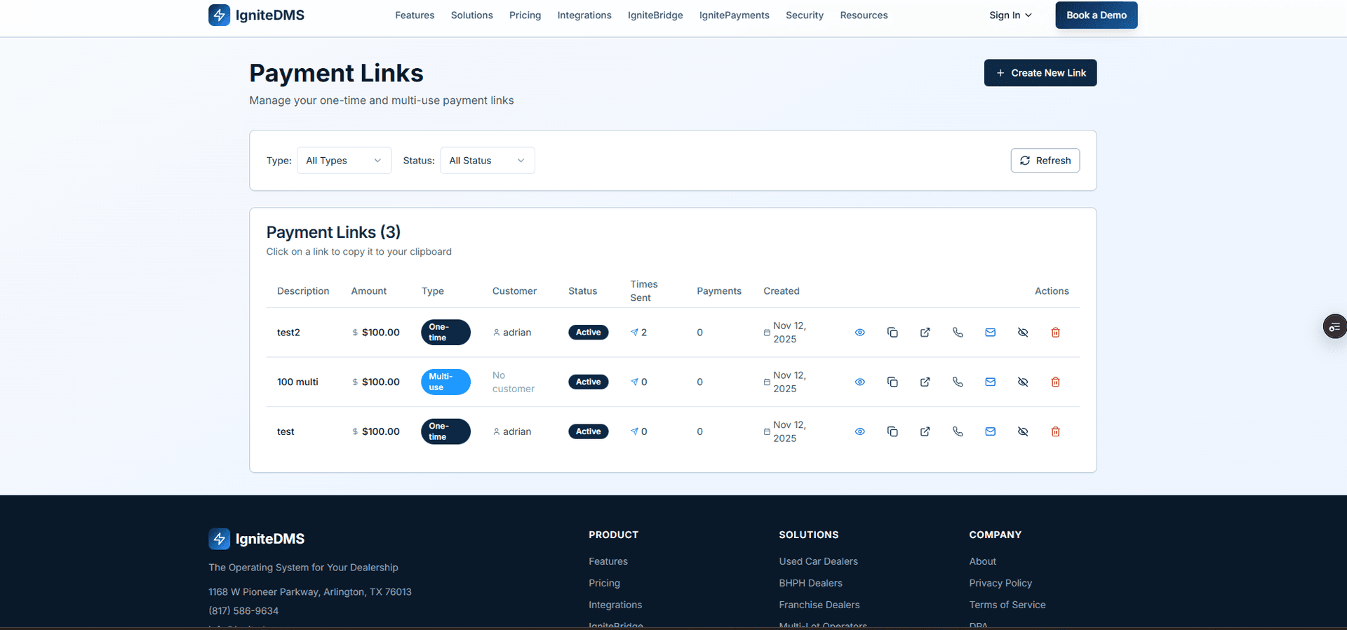Payment Links Management - Create and manage payment links, track sent links, and view payment status