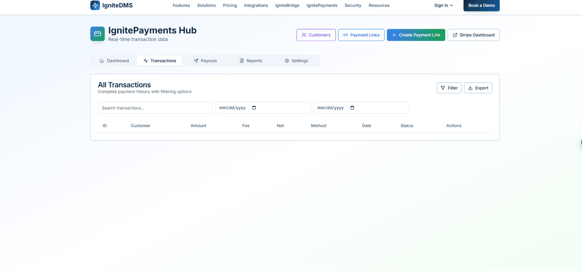 Transaction History - View all payment transactions with detailed information and filtering options