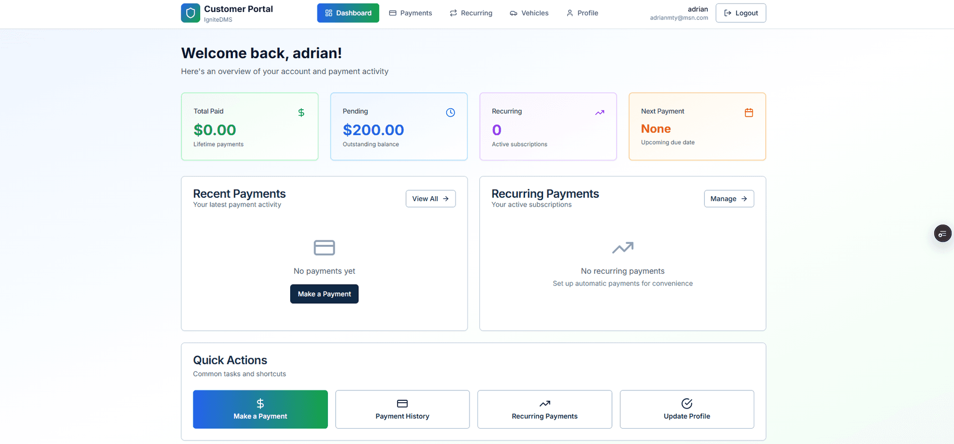 Customer Portal Dashboard - View payment history, make payments, and manage account in one place