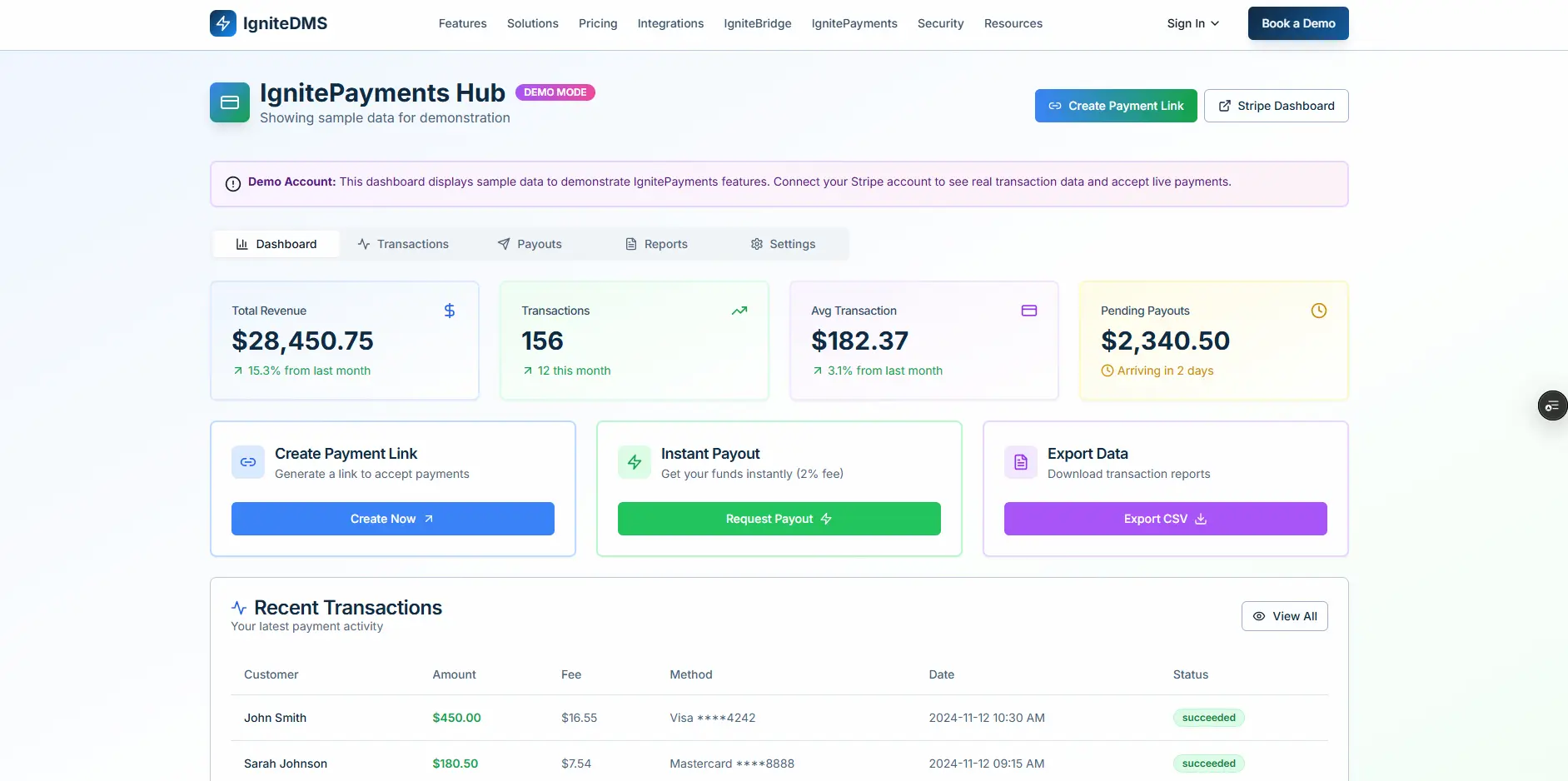 IgnitePayments Hub - Payment processing dashboard showing revenue, transactions, and instant payouts