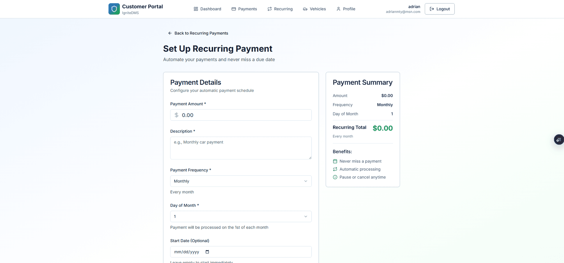 Recurring Payments Portal - Set up automatic payments for vehicle financing with custom schedules